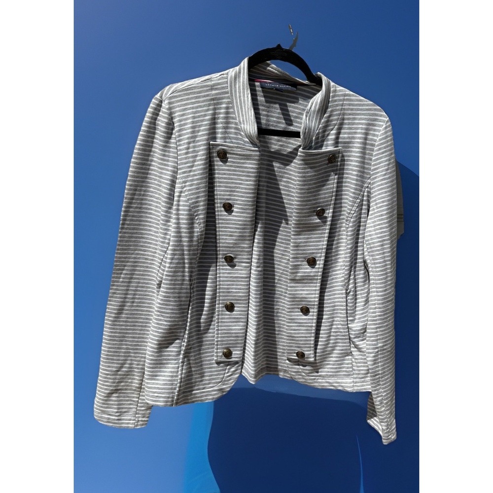 TOMMY HILFIGER Gray White Stripe Jacket Signature Buttons Large Cotton Preppy